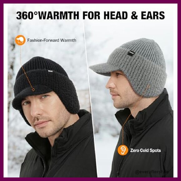 Fleece Lined Winter Beanie with Brim and Ear Flaps Unisex Warm Knit Hat main image 5